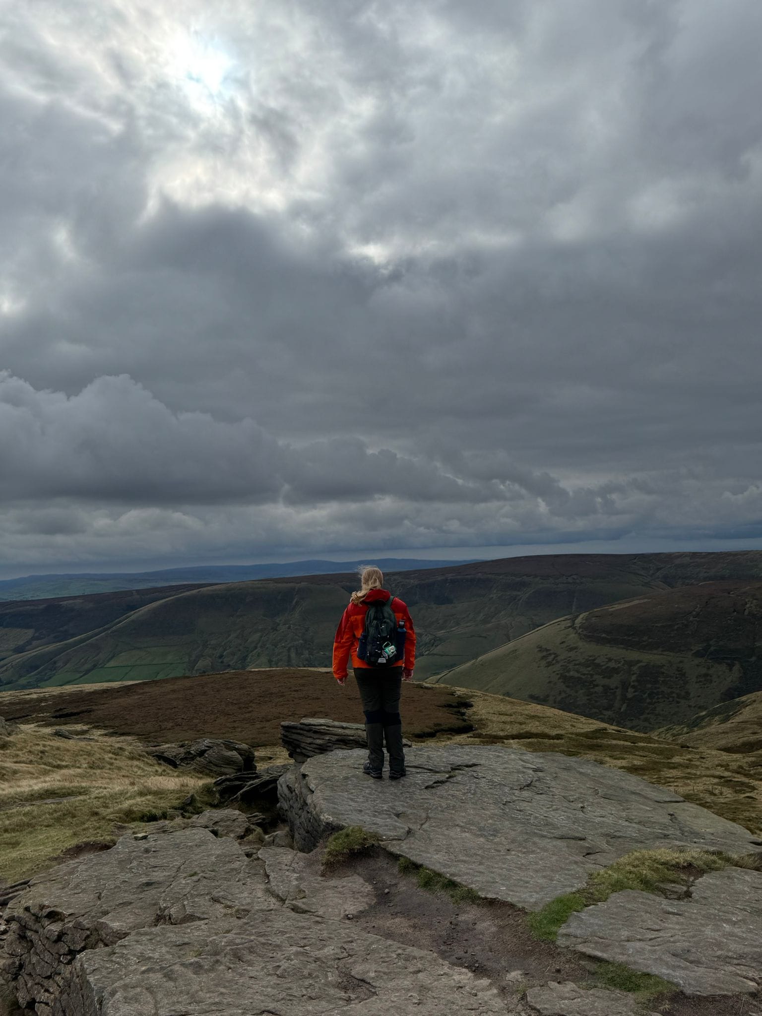 I stand on the edge of a cliff, wearing a bright orange coat, in the Peak District.