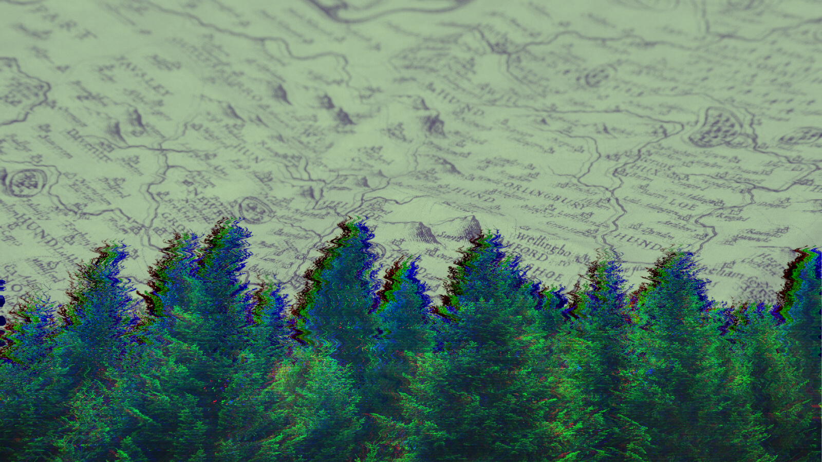 Green trees blurred by technology and shifting RGB. They're collaged on top of an old map.