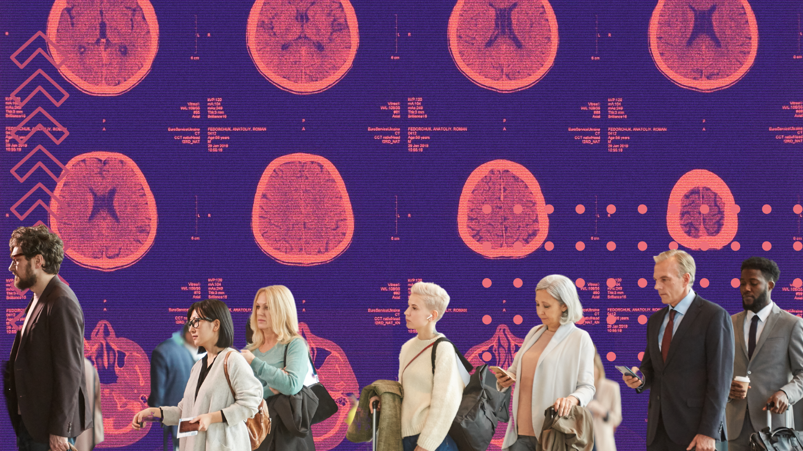 The background is a distorted brain scan. In the foreground people can be seen queueing.