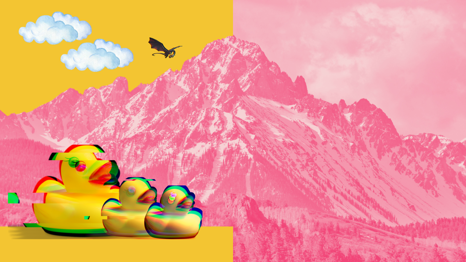 Pink mountains are cut in half by bold yellow. On the yellow side, distorted rubber ducks, a dragon, and clouds can be seen.