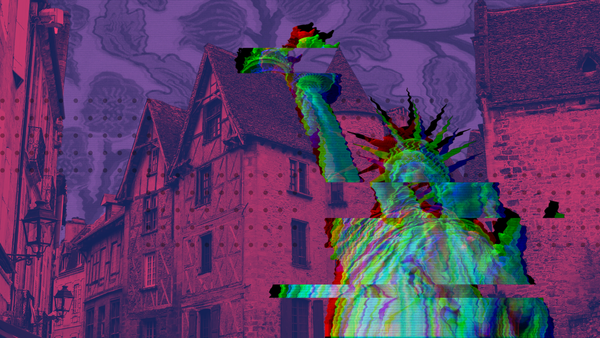 A medieval town with a glitching Statue of Liberty over the top.