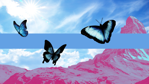 A graphic showing blue slightly distorted butterflies can be seen against a blue sky and a pink mountain. 