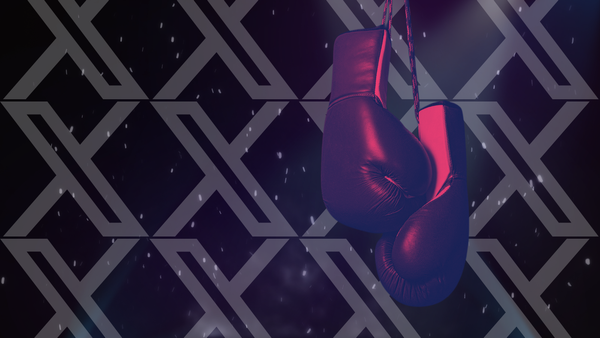 A pair of boxing gloves hand over a background pattern of the X logo repeated.