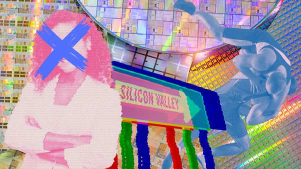 A distorted image of a woman crossed out, a Silicon Valley sign points towards men wrestling