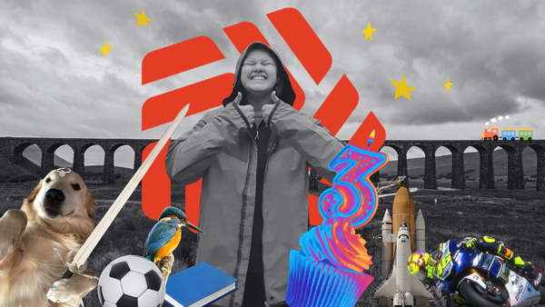 A collage of images, showing Saskia in the middle with her thumbs up. Around her, various objects can be seen from a dog with a sword, to Valentino Rossi's MotoGP bike.